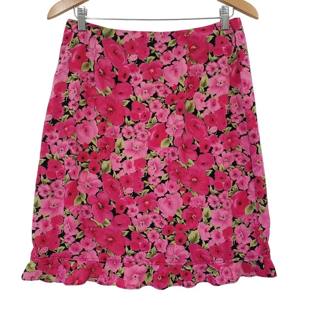 Vintage 90s‎ Floral Pink Skirl Size 12 Womens Rufffle Hem USA Cottagecore Grunge